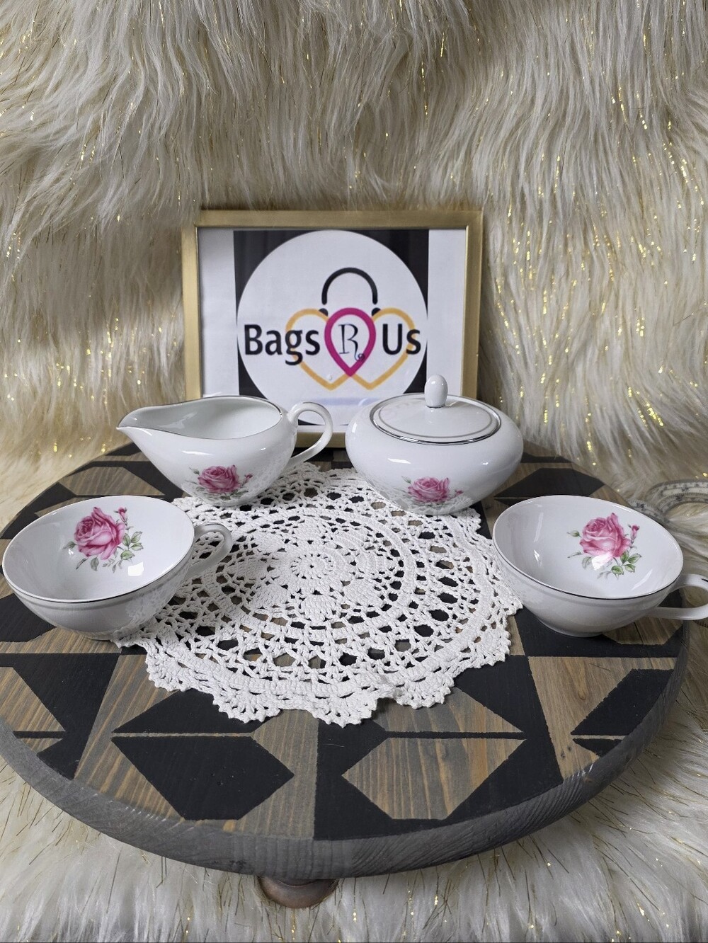 VINTAGE FINE CHINA IMPERIAL ROSE 6702 TEA SET SUAGR CREAMER AND TEACUPS EUC